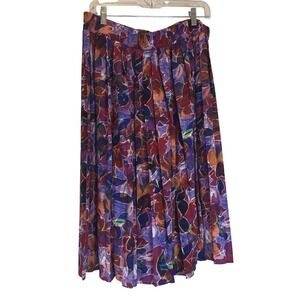 Abstract Floral Print Pleated Midi Skirt‎ Colorful Painterly Art to Wear